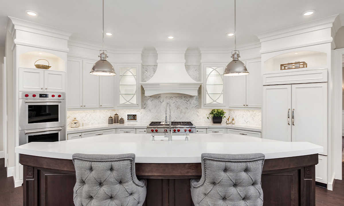 Modern kitchen with smart home trending features like audio, lighting control, and mesh wifi networking Modern kitchen with smart home trending features like audio, lighting control, and mesh wifi networking